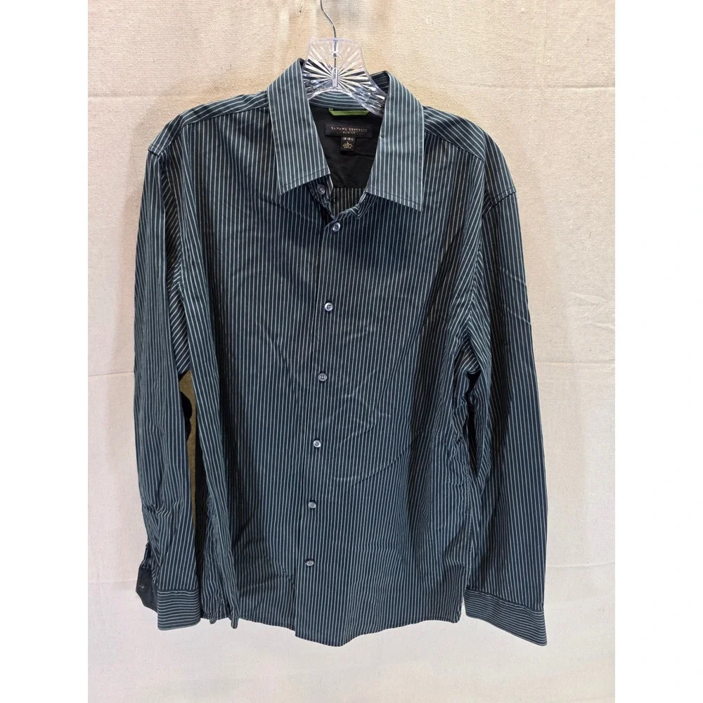 Banana Republic Slim Fit Mens Large Black Teal Pinstripe Button Down Shirt 2538